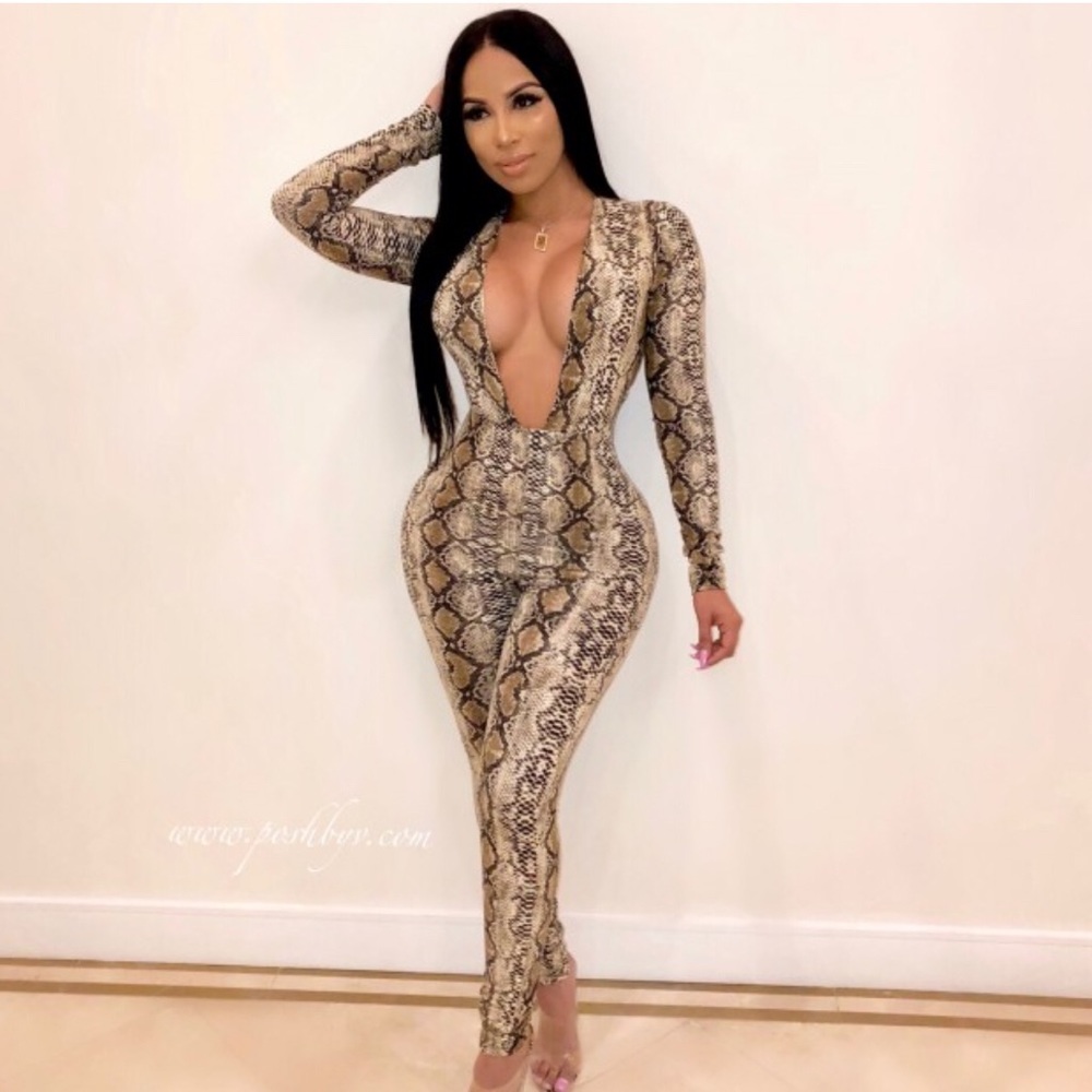 Snake print deep v jumpsuit